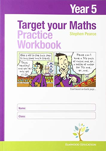 Year 5 maths practice workbook cover with cartoon illustrations.
