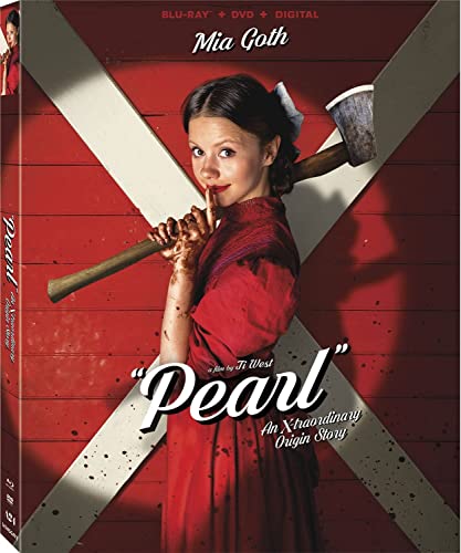 Pearl" Blu-ray cover featuring a young woman with an axe, red dress.