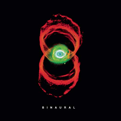 Album cover with abstract red, green, and blue shapes on a black background.
