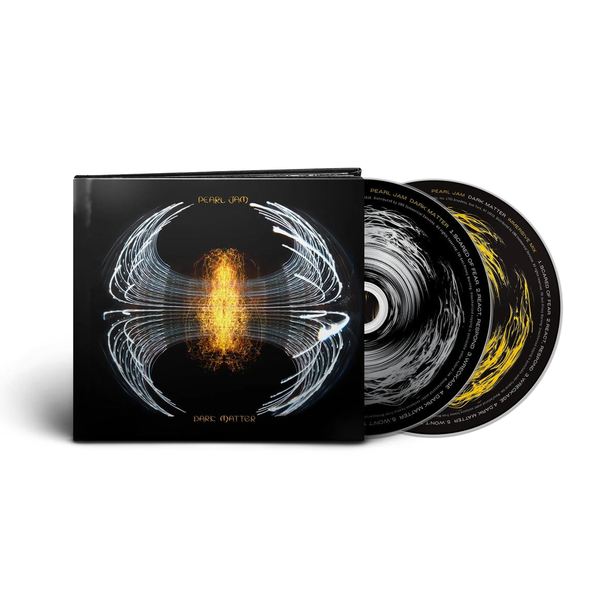 Pearl Jam Dark Matter CD case and two discs with abstract light-streaked artwork.