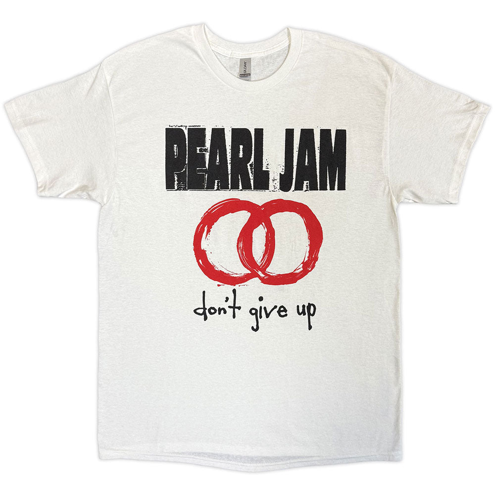 White t-shirt with Pearl Jam "Don't Give Up" logo and design.