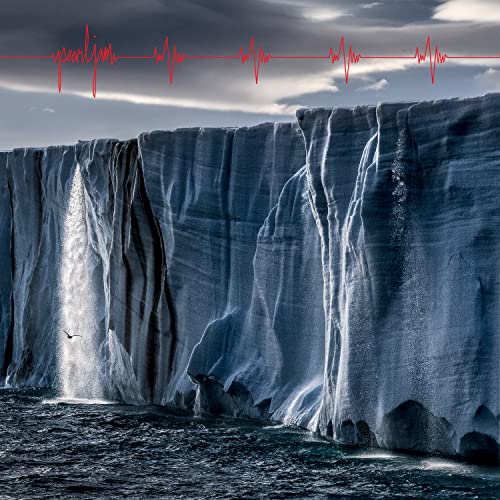 Pearl Jam's "Gigaton" album cover: a blue glacier with a red waveform.
