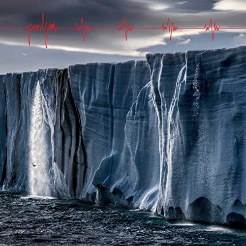 Pearl Jam's "Gigaton" album cover: icy cliffs with a red heartbeat line.