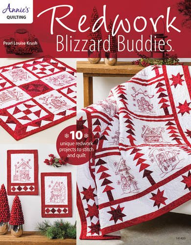 Book cover featuring red and white quilts with embroidered snowman and winter patterns.