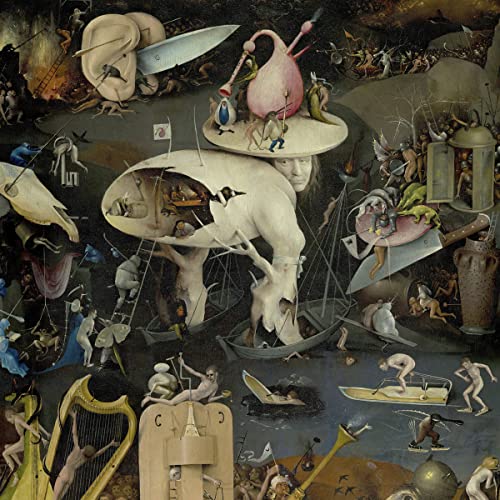 Surreal Hieronymus Bosch painting featuring bizarre creatures, giant ears, knives, and boats in darkness.