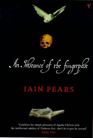 "Book cover with blue background, white title, and black illustrations of town and skull."
