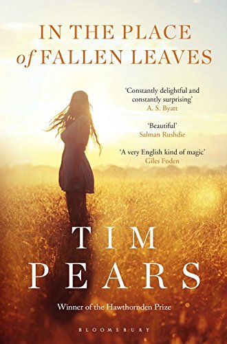 Book cover: woman in field at sunset, title "In the Place of Fallen Leaves".