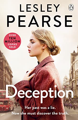 Book cover: woman in red coat, London backdrop, title "Deception.