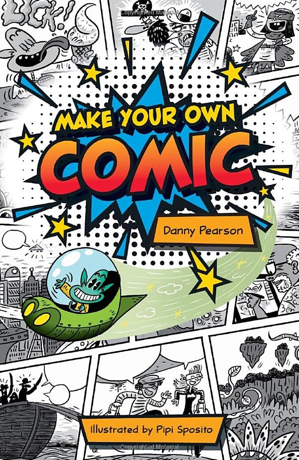 Book cover: "Make Your Own Comic" with comic panel illustrations.