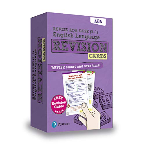"Purple box of Pearson AQA GCSE English revision cards with card illustrations on the front."