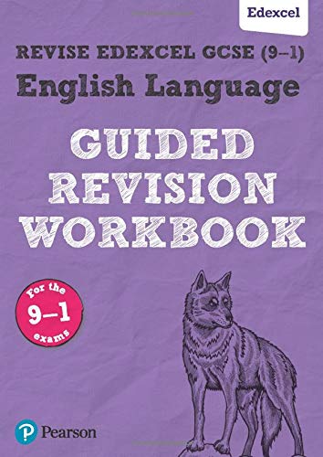 Purple Edexcel GCSE English Language revision workbook with a wolf illustration.
