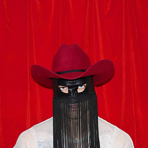 Person in red cowboy hat and black face mask with fringe.