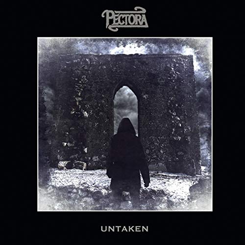 Dark album cover featuring a hooded figure before a stone archway.