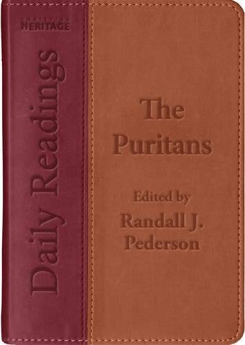 Brown and burgundy book cover titled “Daily Readings - The Puritans.”
