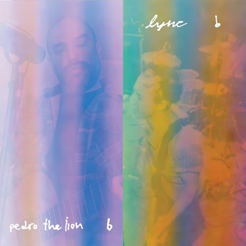 Split-screen image of two musicians with colorful light overlays and text labels.