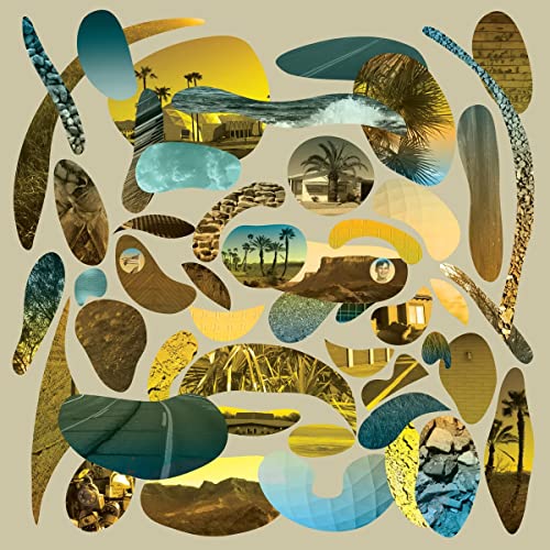 Collage of organic shapes containing desert landscapes, palm trees, and textures on beige background.