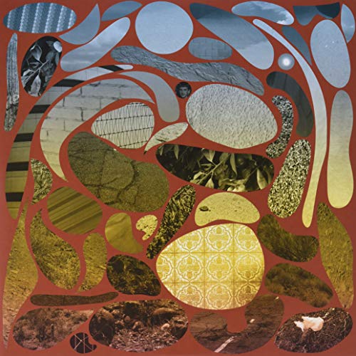 The image depicts a vinyl record cover with a collage of various shapes and textures. Alt text: Collage of abstract shapes and textures on a red background vinyl cover.