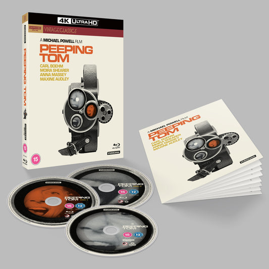Blu-ray case for “Peeping Tom” featuring a vintage camera and discs.