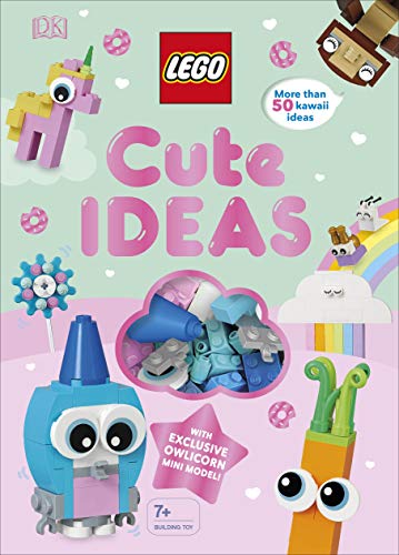 LEGO book cover with colorful kawaii builds and an owlicorn model.
