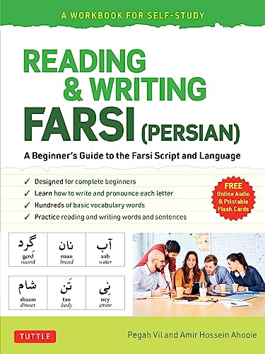 Book cover for Reading & Writing Farsi with Farsi vocabulary examples and students studying.