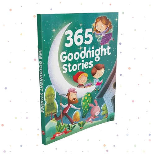 Book cover with illustrated children and a crescent moon, titled "365 Goodnight Stories".