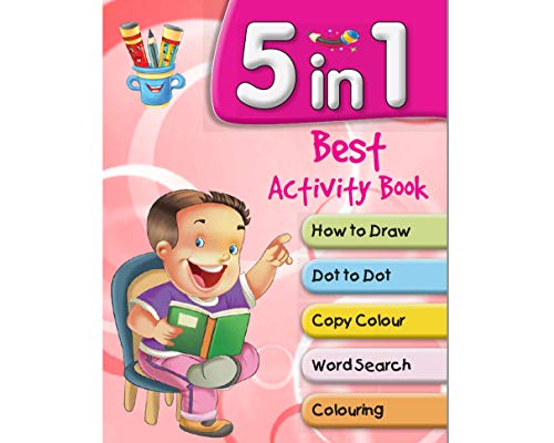 Children’s activity book cover with a boy reading and listed activities.