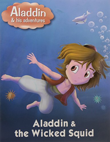 Cartoon Aladdin swimming underwater with bubbles, a dolphin, and sea stars.