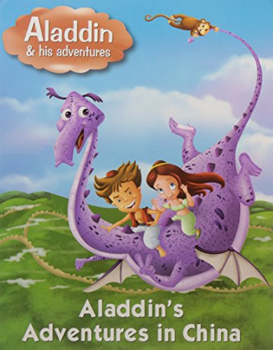 Aladdin and a girl ride a purple dragon over a green landscape.