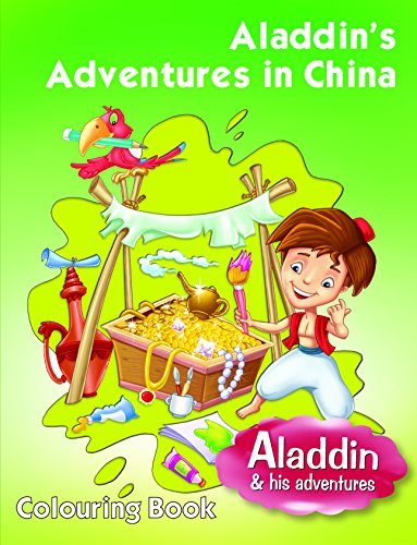 Cartoon Aladdin with treasure, parrot, and coloring supplies on green background.