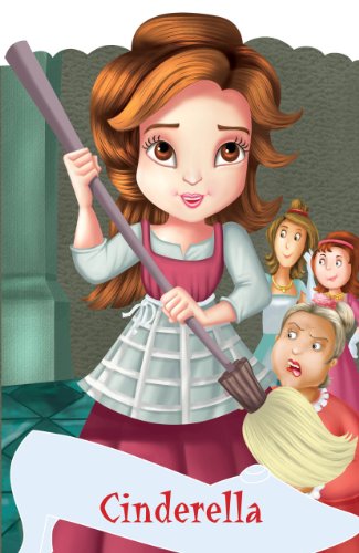 Cinderella sweeping with her stepmother and stepsisters in the background.