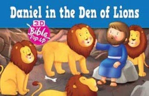 Daniel calmly sits among lions in a rocky den, illustrated pop-up.