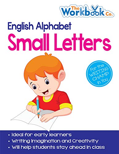 Workbook cover with a boy writing, teaching English small letters.