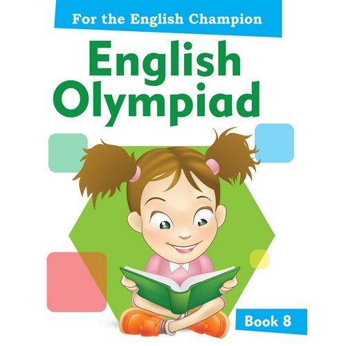 Book cover: “English Olympiad-8” with illustration of a girl reading.