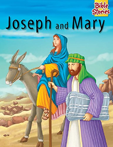 Joseph and Mary traveling with a donkey in a rocky landscape.