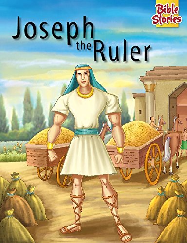 Illustration of Joseph in robes, standing before carts of grain.