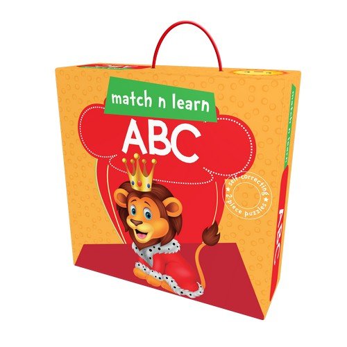 Orange box with "Match N Learn ABC" and a crowned lion illustration.