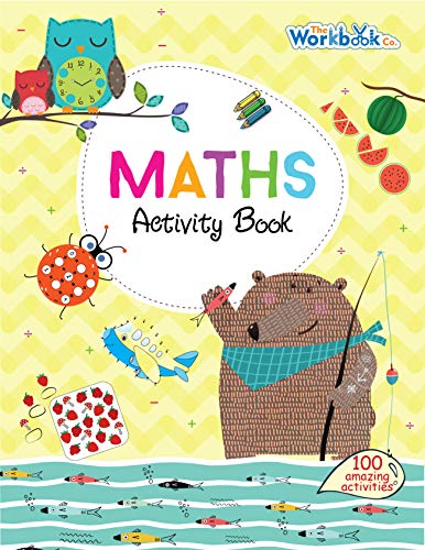 Maths Activity Book" cover with animals, fruit, and learning objects.