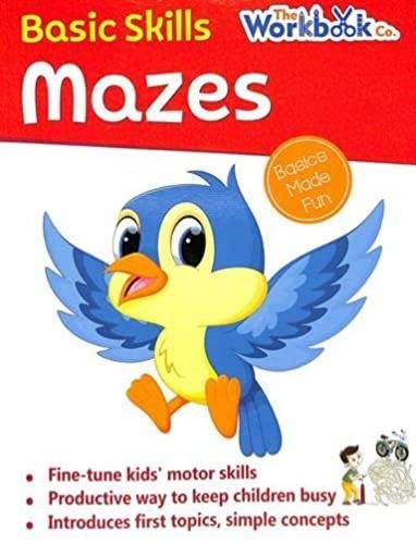 Cover of "Basic Skills Mazes" workbook featuring a cartoon blue bird.