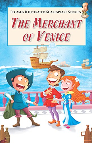 Book cover of “The Merchant of Venice” with illustrated characters and a ship.