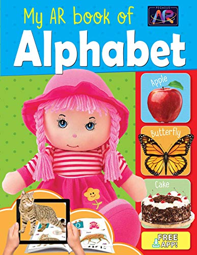 Children’s alphabet book cover with doll, apple, butterfly, and cake images.