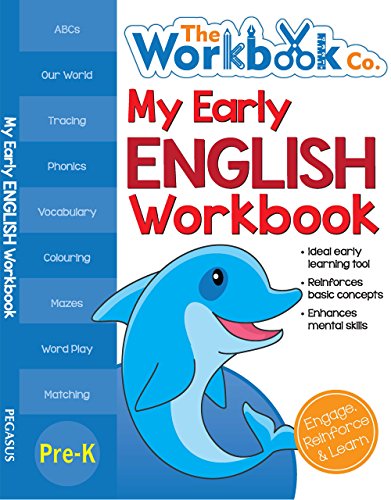 “My Early English Workbook” cover with a dolphin and colorful sections.
