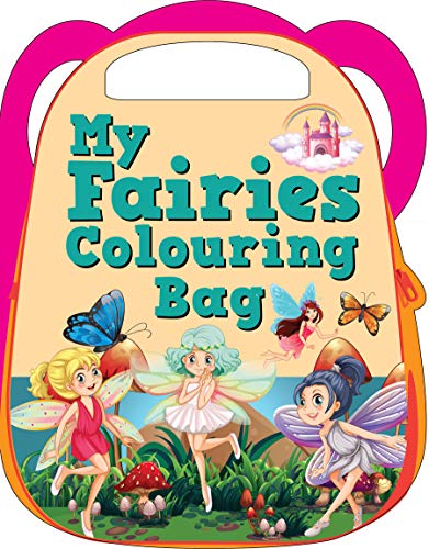 Colouring bag with fairies, butterflies, and a castle illustration.