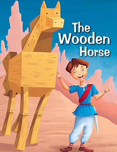 Illustration of a wooden horse and a boy pointing towards it.