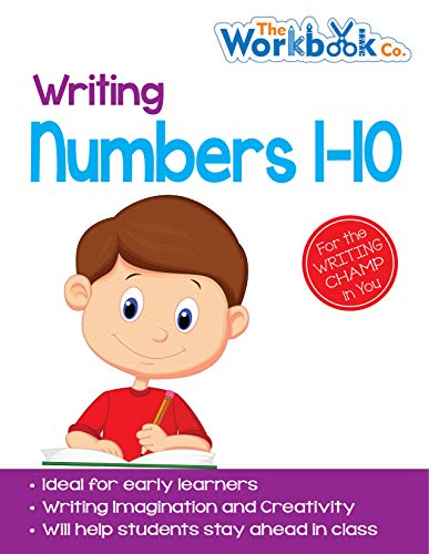 Workbook cover with a boy writing, teaching numbers 1-10.