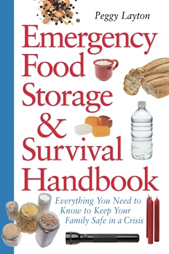 Book cover: "Emergency Food Storage & Survival Handbook" with food and supplies.
