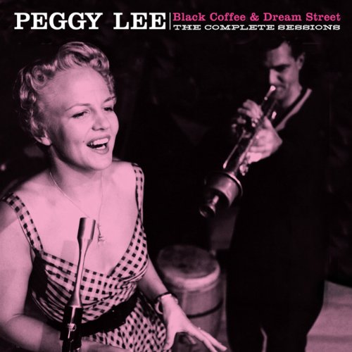 Peggy Lee singing into a microphone with a trumpet player in a pink-tinted photo.