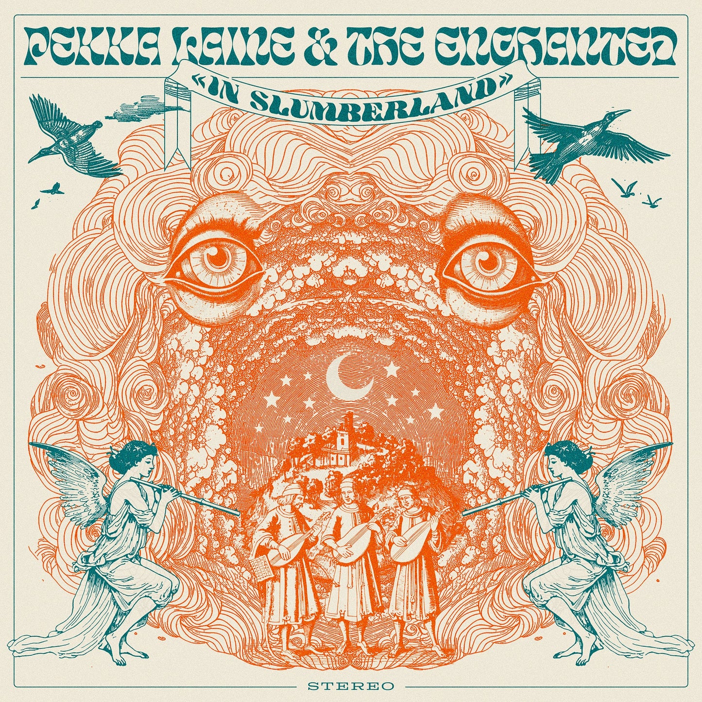 Psychedelic album art featuring large eyes, swirling patterns, angels, and musicians in orange and teal.