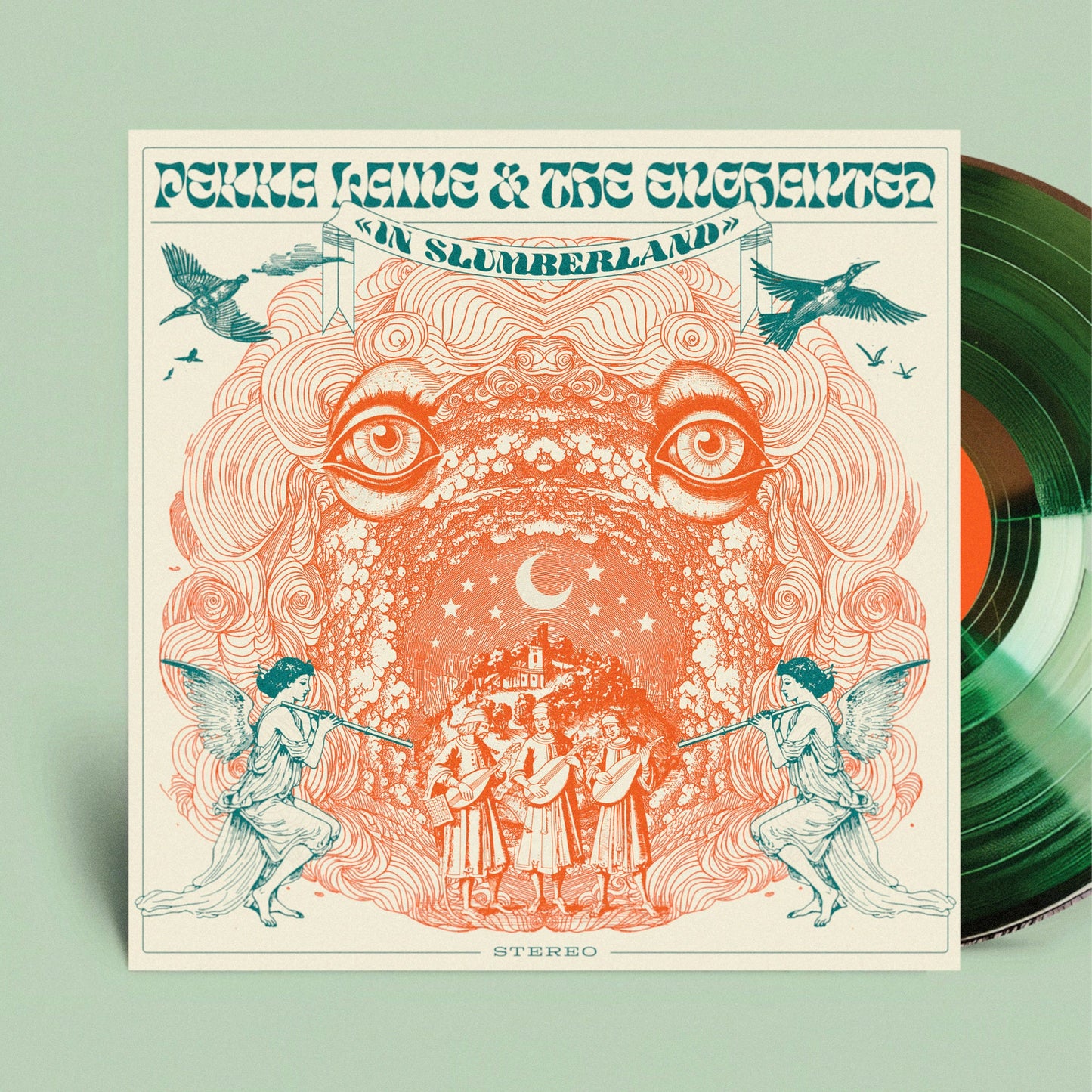 Vinyl record cover with surreal illustration of eyes, birds, and figures.