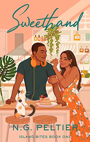 Book cover: couple in kitchen with cat, illustrated style.