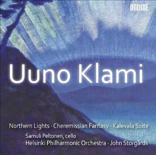 CD cover showing Uuno Klami music with a painting of northern lights over water.